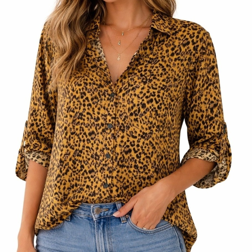 Umgee‎ Women's Chic Animal Leopard Print Button Down Shirt Long Sleeve Size L